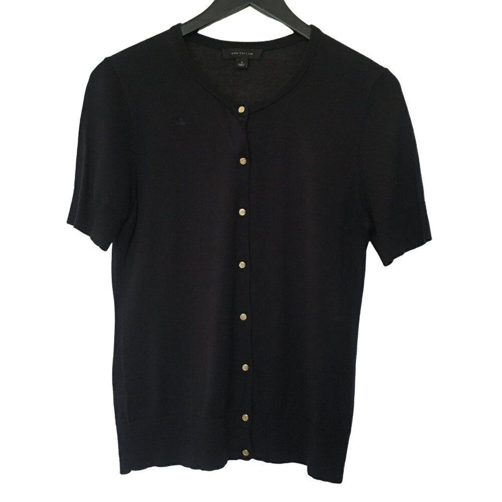 Ann Taylor Womens Black  Silk Blend Short Sleeve Cardigan Sweater Small